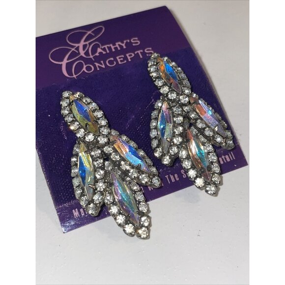 NWT Vintage Cathy's Concepts Aurora Borealis Rhinestone Dangle Drop Earrings A81 - Picture 2 of 8